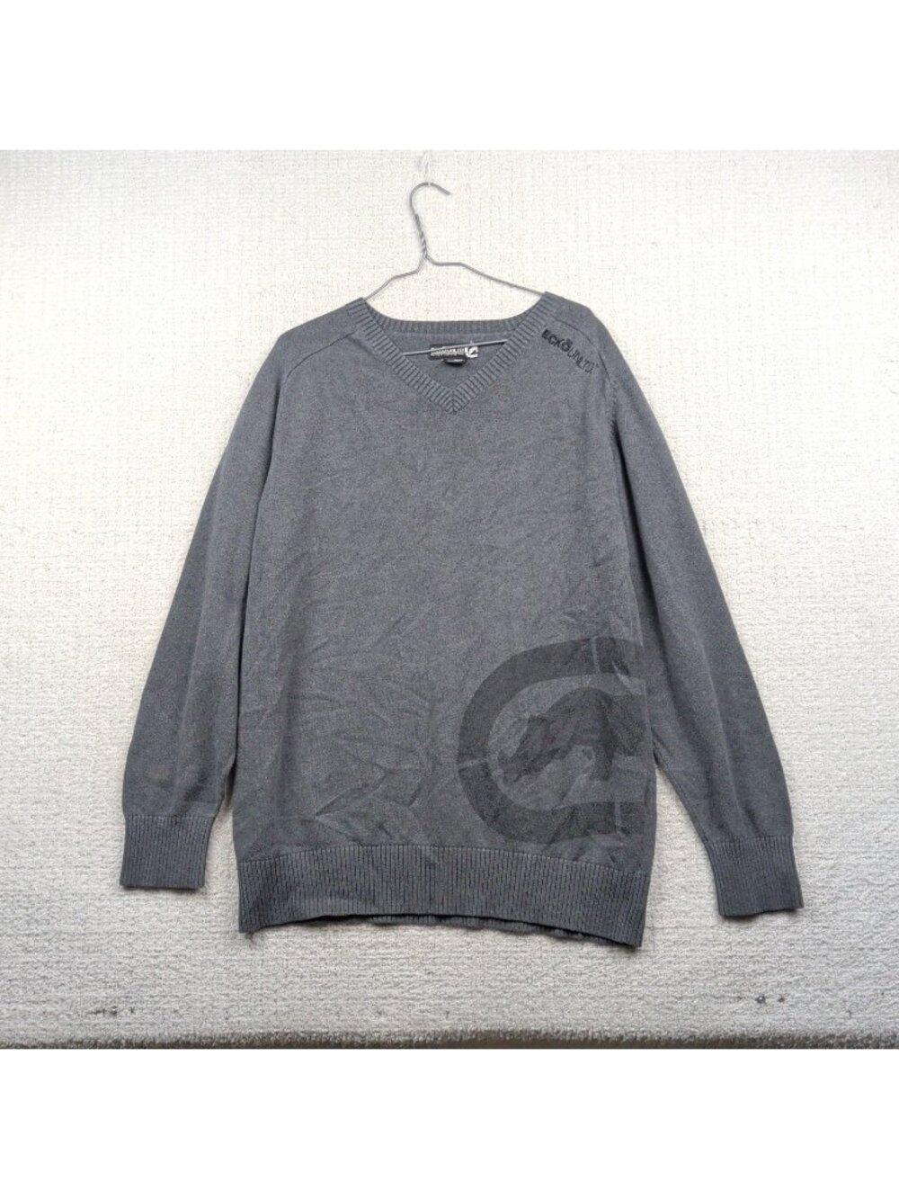 Y2K Ecko Unltd Knit Sweater Mens Sz XL Gray Grunge Skater Rhino Logo Hip-Hop